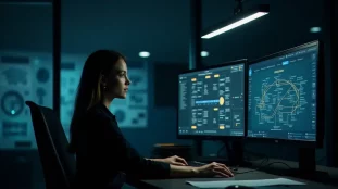 Une joueuse experte consulte un arbre technologique complexe de Terra Invicta sur deux écrans dans un bureau de nuit, avec des schémas orbitaux imprimés autour d'elle, illustrant la profondeur du tech guide Terra Invicta