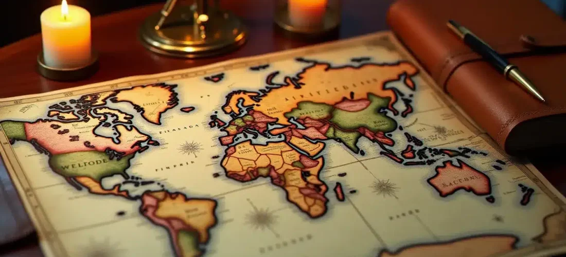 Carte du monde victorienne et instruments de navigation posés sur un bureau en acajou, illustrant la stratégie du tech guide Victoria 2 et l'exploration de l'arbre technologique