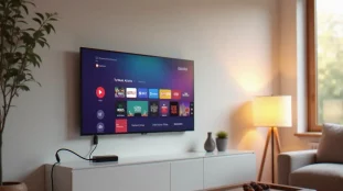 Un téléviseur plat moderne transformé en smart TV grâce à un dongle HDMI, affichant une interface de streaming colorée dans un salon contemporain bien éclairé