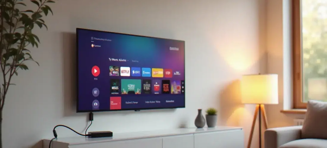 Un téléviseur plat moderne transformé en smart TV grâce à un dongle HDMI, affichant une interface de streaming colorée dans un salon contemporain bien éclairé