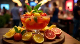 Grand saladier de punch PAF coloré entouré de fruits frais lors d'un événement tech, illustrant la tech paf recette typique des hackathons