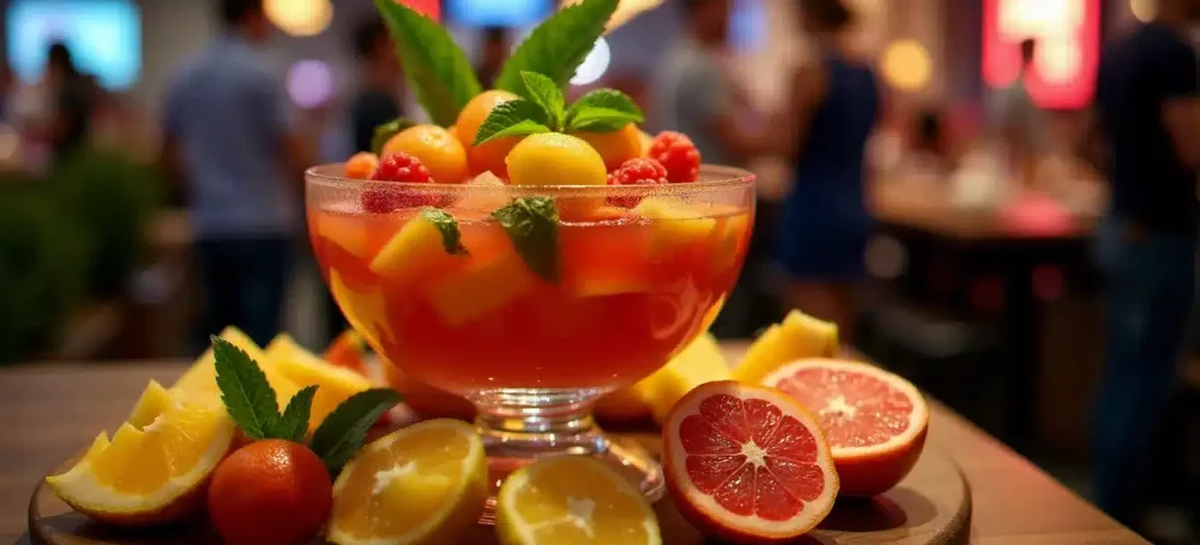 Grand saladier de punch PAF coloré entouré de fruits frais lors d'un événement tech, illustrant la tech paf recette typique des hackathons