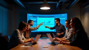 Équipe de participants concentrés lors d'un hackathon tech parisien, visualisant les résultats de leur prototype en compétition pour un tech prix
