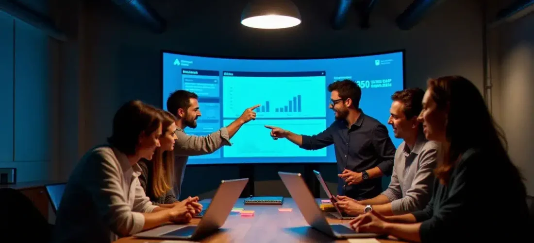 Équipe de participants concentrés lors d'un hackathon tech parisien, visualisant les résultats de leur prototype en compétition pour un tech prix