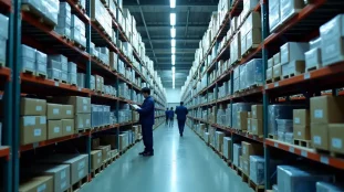 Entrepôt de distribution de composants électroniques au Japon, illustrant l'activité de distributeurs comme Tech Sansho Co. Ltd