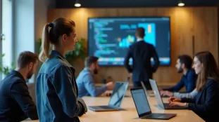 Une professionnelle de la tech dans un espace de coworking parisien, illustrant ce que tech [tɛk] est dans le contexte de l'innovation numérique française