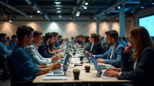 Vue d'ensemble d'un hackathon tech en pleine action avec des équipes pluridisciplinaires concentrées sur leurs projets, illustrant l'énergie du flux tech tɛk est fleuve