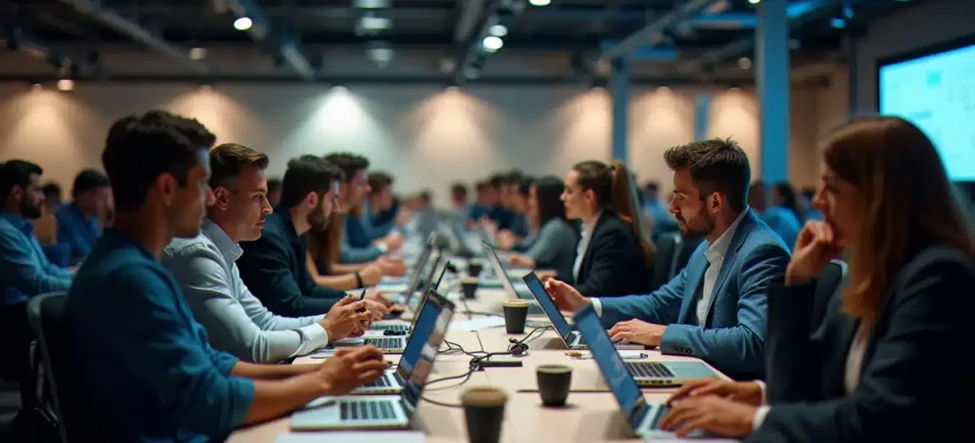 Vue d'ensemble d'un hackathon tech en pleine action avec des équipes pluridisciplinaires concentrées sur leurs projets, illustrant l'énergie du flux tech tɛk est fleuve