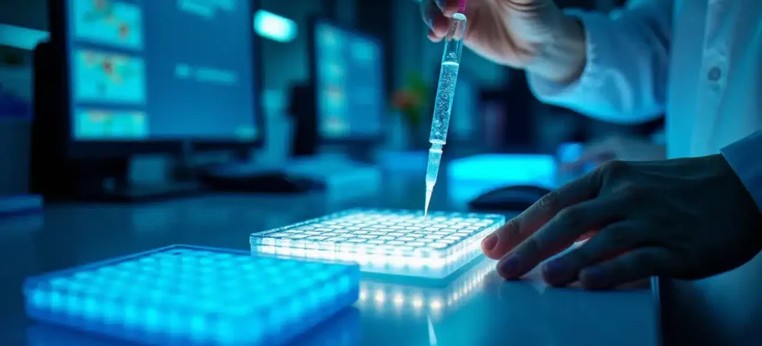 Scientifique manipulant des échantillons biologiques dans un laboratoire de techbio en France en 2025, avec des écrans d'analyse génomique en arrière-plan