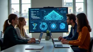 Équipe multidisciplinaire travaillant sur un projet techbio en France dans un espace de co-working parisien moderne avec des visualisations de données génomiques à l'écran