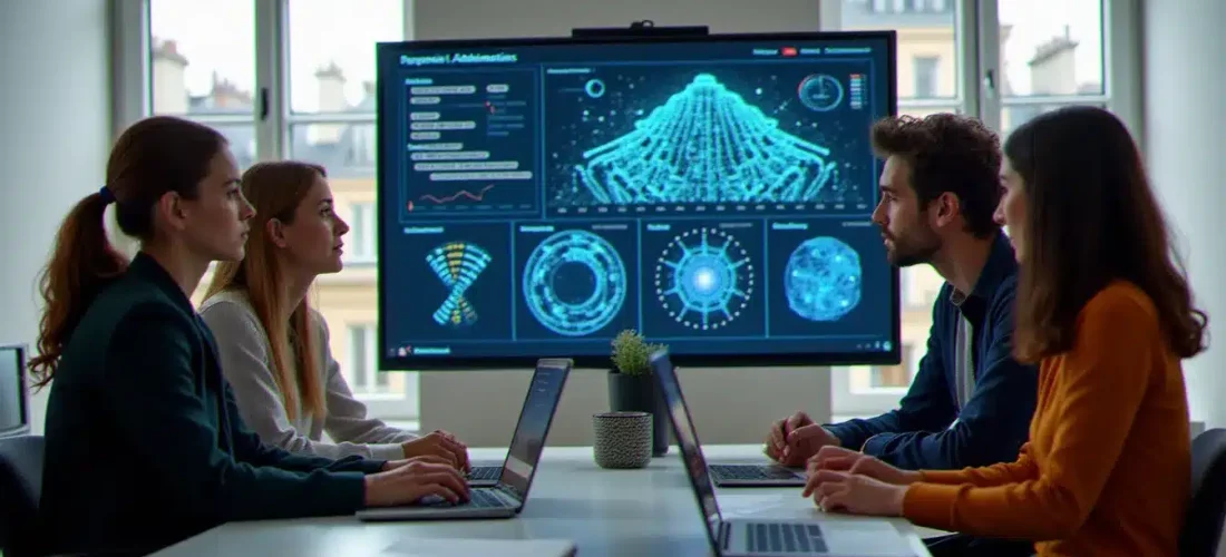 Équipe multidisciplinaire travaillant sur un projet techbio en France dans un espace de co-working parisien moderne avec des visualisations de données génomiques à l'écran