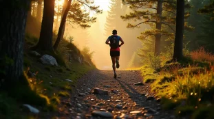 Coureur de trail sur un sentier technique en Haute-Loire lors du Techni Trail Tiranges, traversant une forêt mixte sur terrain volcanique