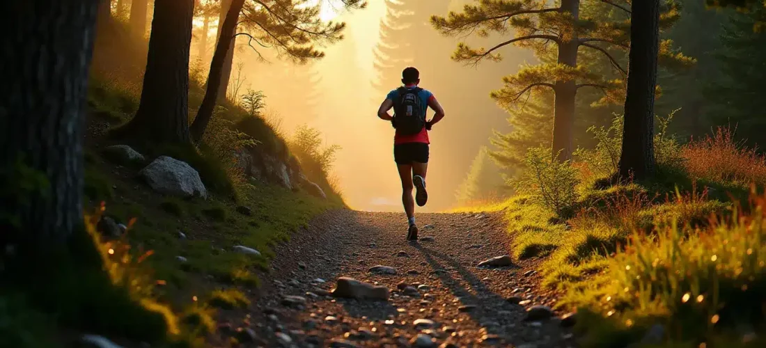 Coureur de trail sur un sentier technique en Haute-Loire lors du Techni Trail Tiranges, traversant une forêt mixte sur terrain volcanique
