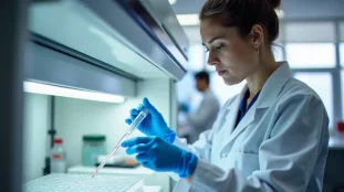Une technicienne de laboratoire en blouse blanche effectuant un pipetage précis dans un laboratoire d'analyses biologiques moderne