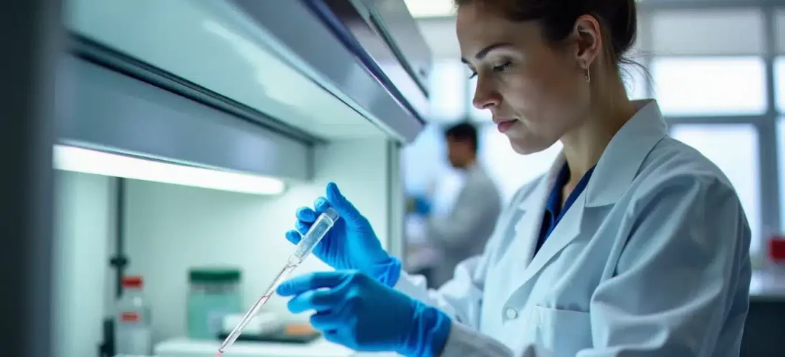 Une technicienne de laboratoire en blouse blanche effectuant un pipetage précis dans un laboratoire d'analyses biologiques moderne