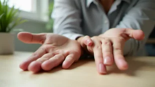Deux mains posées à plat sur un bureau en bois, un doigt plié illustrant la technique avec les doigts table de 9