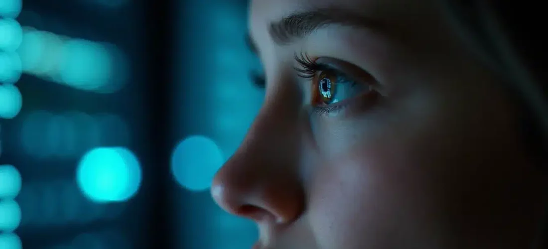 Gros plan sur l'œil d'une développeuse en laboratoire, illustrant la technique avec les yeux et l'eye-tracking