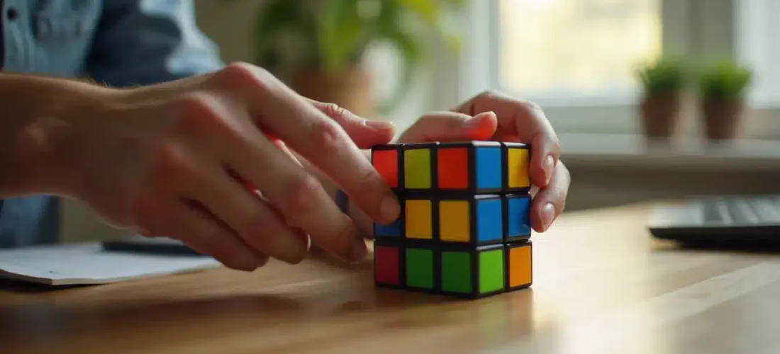 Deux mains en train d'appliquer la technique pour faire un Rubik's cube, vue rapprochée sur un bureau en bois avec lumière naturelle