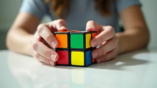Deux mains tenant un Rubik's Cube coloré en cours de résolution, illustrant la technique comment résoudre un Rubik's Cube