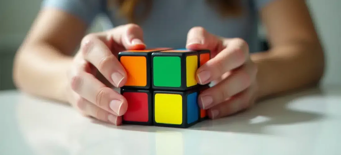 Deux mains tenant un Rubik's Cube coloré en cours de résolution, illustrant la technique comment résoudre un Rubik's Cube