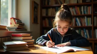 Étudiant français annotant un texte littéraire à son bureau de bibliothèque pour préparer sa technique de commentaire composé