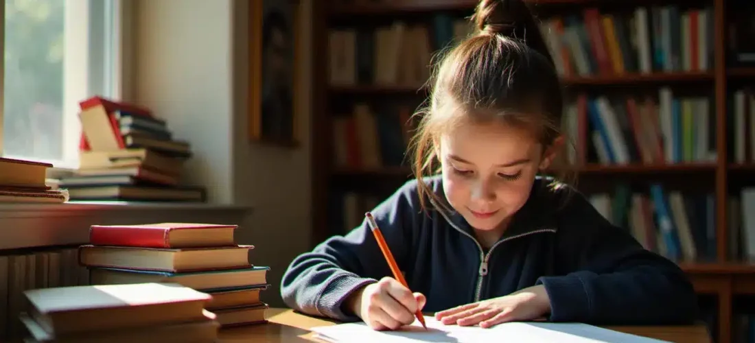 Étudiant français annotant un texte littéraire à son bureau de bibliothèque pour préparer sa technique de commentaire composé