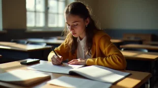 Lycéen annotant un texte littéraire à son bureau pour préparer la technique du commentaire de texte au bac français