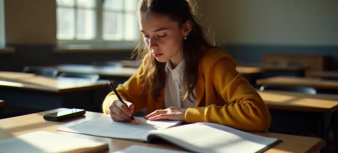 Lycéen annotant un texte littéraire à son bureau pour préparer la technique du commentaire de texte au bac français
