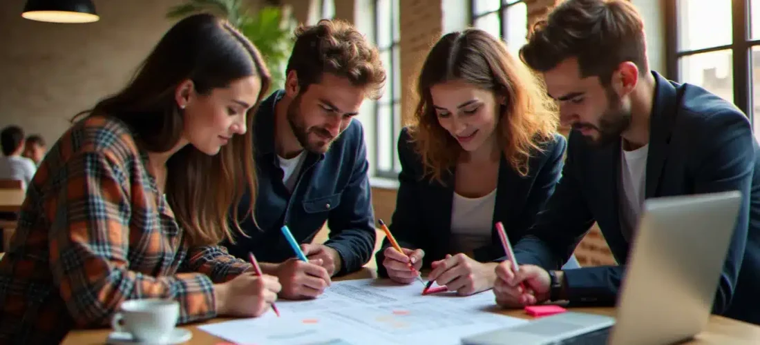 Équipe de hackathon appliquant la technique commentaire de texte sur un brief imprimé, avec surligneurs colorés et notes adhésives sur une grande table de travail moderne à Paris