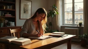 Jeune femme prenant des notes philosophiques sur la technique de définition dans un appartement parisien baigné de lumière naturelle