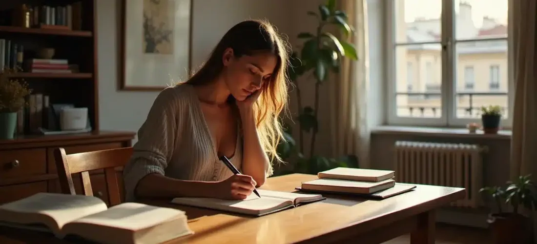 Jeune femme prenant des notes philosophiques sur la technique de définition dans un appartement parisien baigné de lumière naturelle