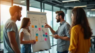 Équipe de hackathon cartographiant les dépendances de tâches sur un tableau blanc pour appliquer la technique effet bowling