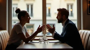 Deux professionnels en conversation naturelle illustrant la technique effet miroir avec des postures synchronisées dans un café parisien