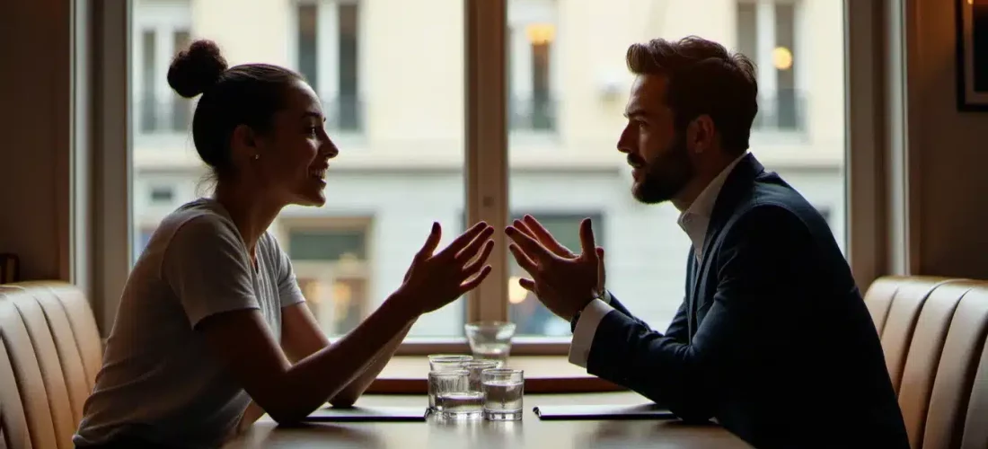 Deux professionnels en conversation naturelle illustrant la technique effet miroir avec des postures synchronisées dans un café parisien