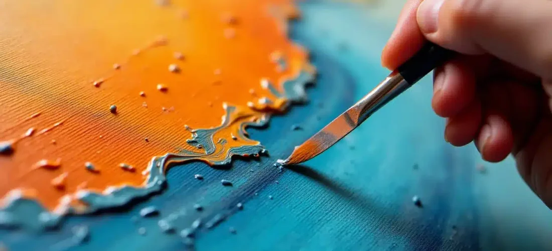 Technique effet peinture impasto appliquée à la spatule sur toile avec des couleurs vives en relief