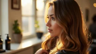 Femme aux cheveux longs avec une technique effet soleil cheveux réussie, reflets dorés naturels sur base brune, lumière naturelle