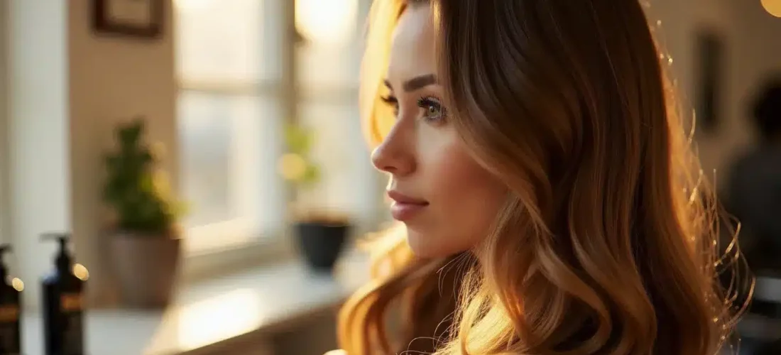 Femme aux cheveux longs avec une technique effet soleil cheveux réussie, reflets dorés naturels sur base brune, lumière naturelle