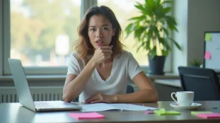 Jeune femme au bureau appliquant une technique efficace contre le hoquet en pressant doucement sa gorge, environnement de travail moderne et lumineux