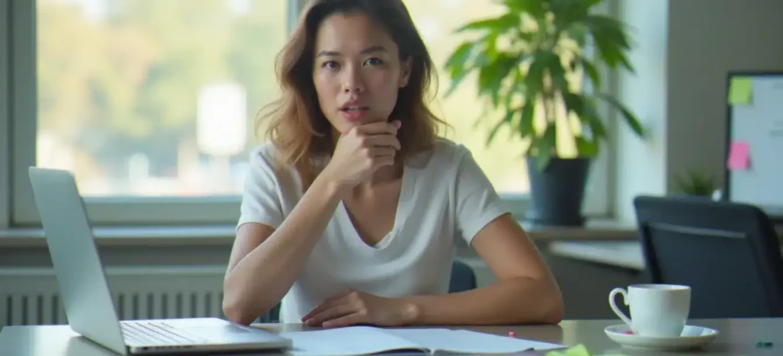Jeune femme au bureau appliquant une technique efficace contre le hoquet en pressant doucement sa gorge, environnement de travail moderne et lumineux