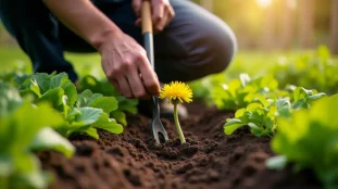 Jardinier appliquant une technique efficace contre les mauvaises herbes en arrachant un pissenlit avec un outil spécialisé dans un potager surélevé bien entretenu