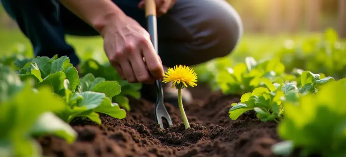 Jardinier appliquant une technique efficace contre les mauvaises herbes en arrachant un pissenlit avec un outil spécialisé dans un potager surélevé bien entretenu