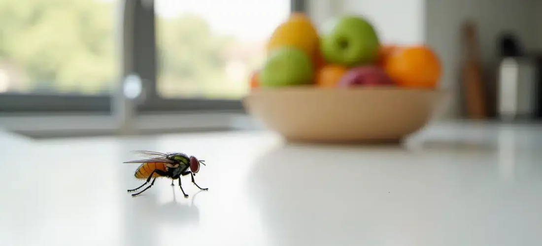 Mouche domestique posée sur un plan de cuisine près d'un bol de fruits, illustrant la problématique des techniques efficaces contre les mouches en intérieur
