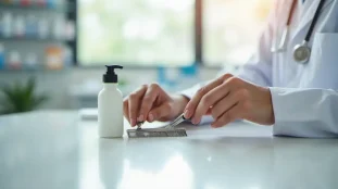 Un peigne à poux métallique et une lotion anti-poux à la diméticone posés sur le comptoir d'une pharmacie, illustrant une technique efficace contre les poux