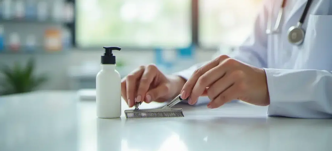 Un peigne à poux métallique et une lotion anti-poux à la diméticone posés sur le comptoir d'une pharmacie, illustrant une technique efficace contre les poux
