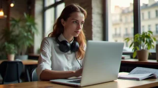Une professionnelle utilisant une technique efficace pour apprendre l'anglais dans un espace de coworking parisien, avec un article technique en anglais sur son écran et des notes manuscrites