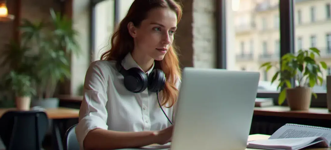 Une professionnelle utilisant une technique efficace pour apprendre l'anglais dans un espace de coworking parisien, avec un article technique en anglais sur son écran et des notes manuscrites