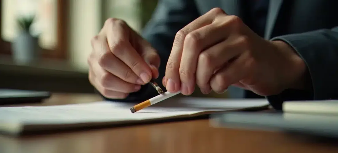 Mains brisant une cigarette en deux sur un bureau en bois, illustrant une technique efficace pour arrêter de fumer