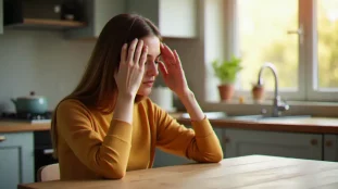 Jeune femme pratiquant une technique efficace pour déboucher le nez par acupression, assise à une table lumineuse, les yeux fermés et les doigts posés de chaque côté des narines