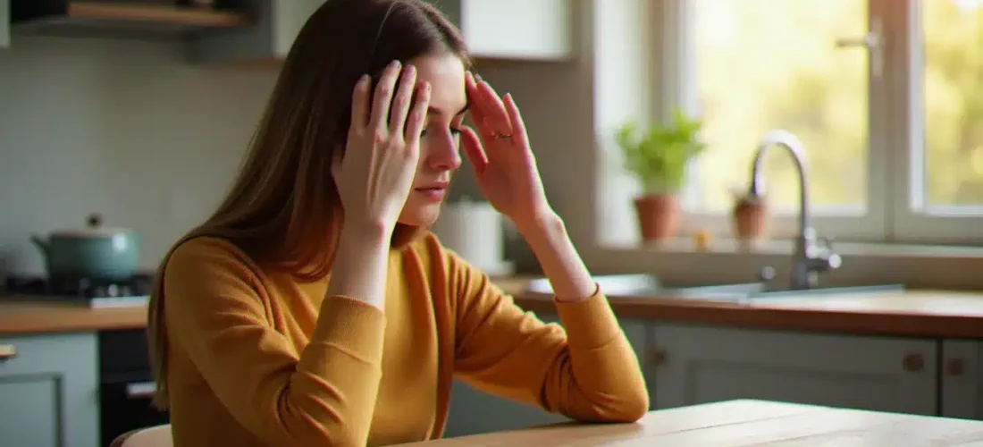Jeune femme pratiquant une technique efficace pour déboucher le nez par acupression, assise à une table lumineuse, les yeux fermés et les doigts posés de chaque côté des narines