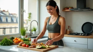 Femme préparant un repas équilibré avec des protéines et légumes colorés dans une cuisine parisienne lumineuse — technique efficace pour maigrir par l'alimentation saine